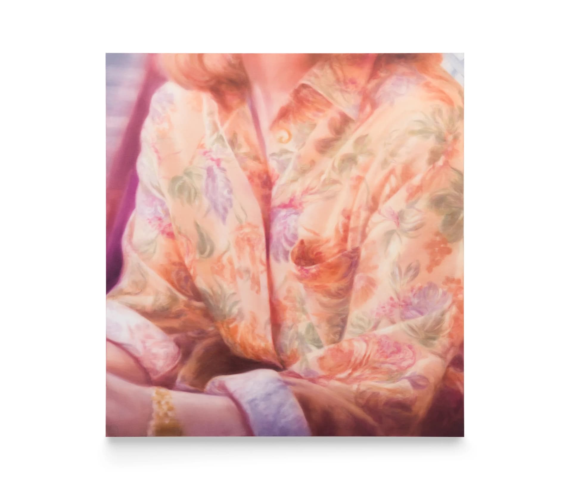 A painting by Rachel Lancaster of a cropped image of a person wearing a highly patterened floral shirt