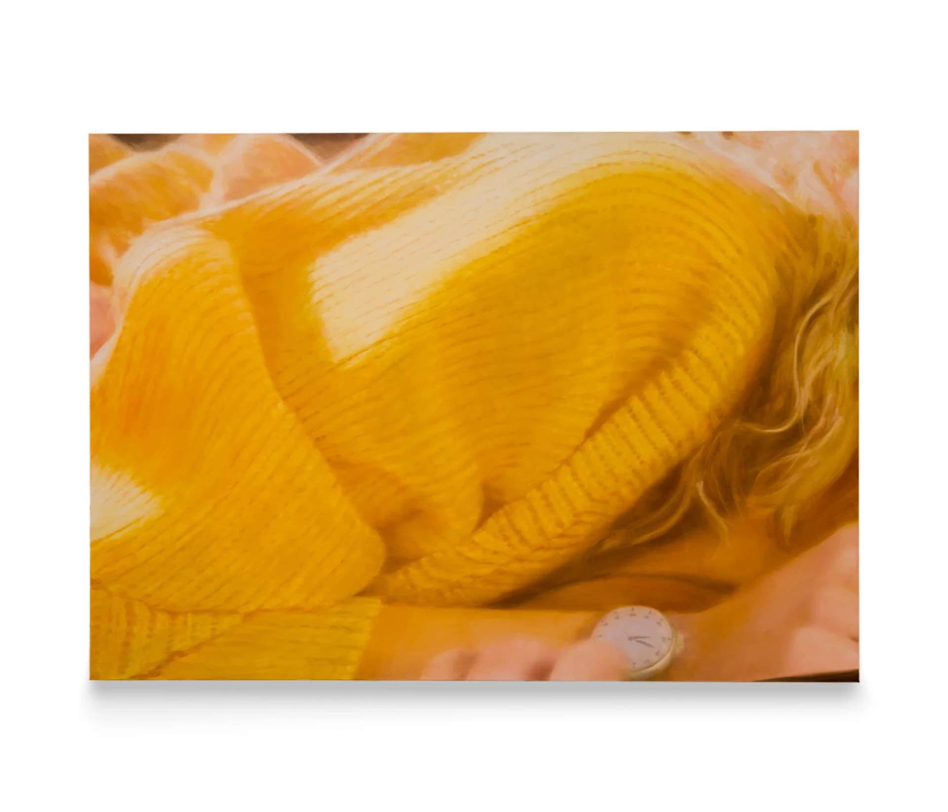 A bright yellow painting by Rachel Lancaster of a cardigan