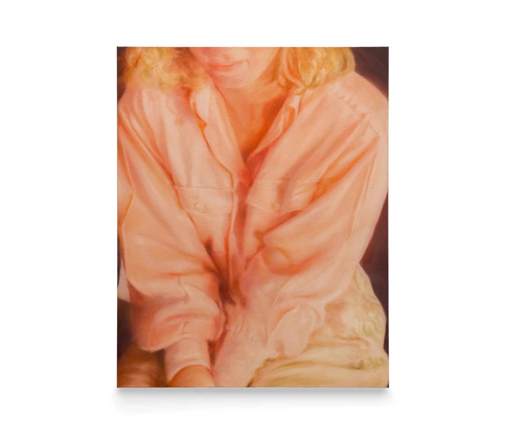 A painting by Rachel Lancaster of a women wearing a peach jumper