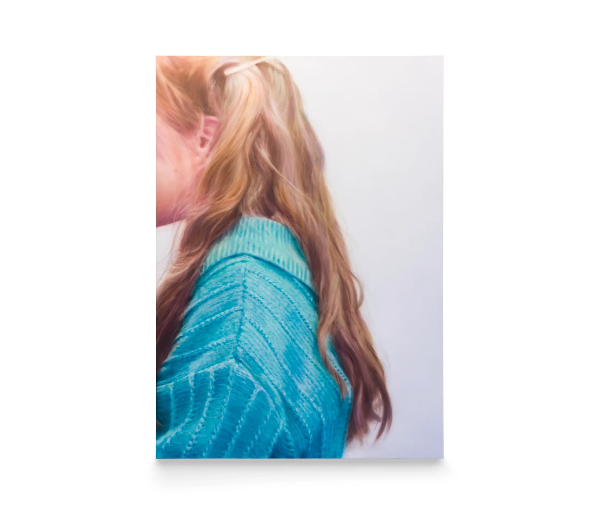 A painting by Rachel Lancaster of a woman wearing a blue jumper