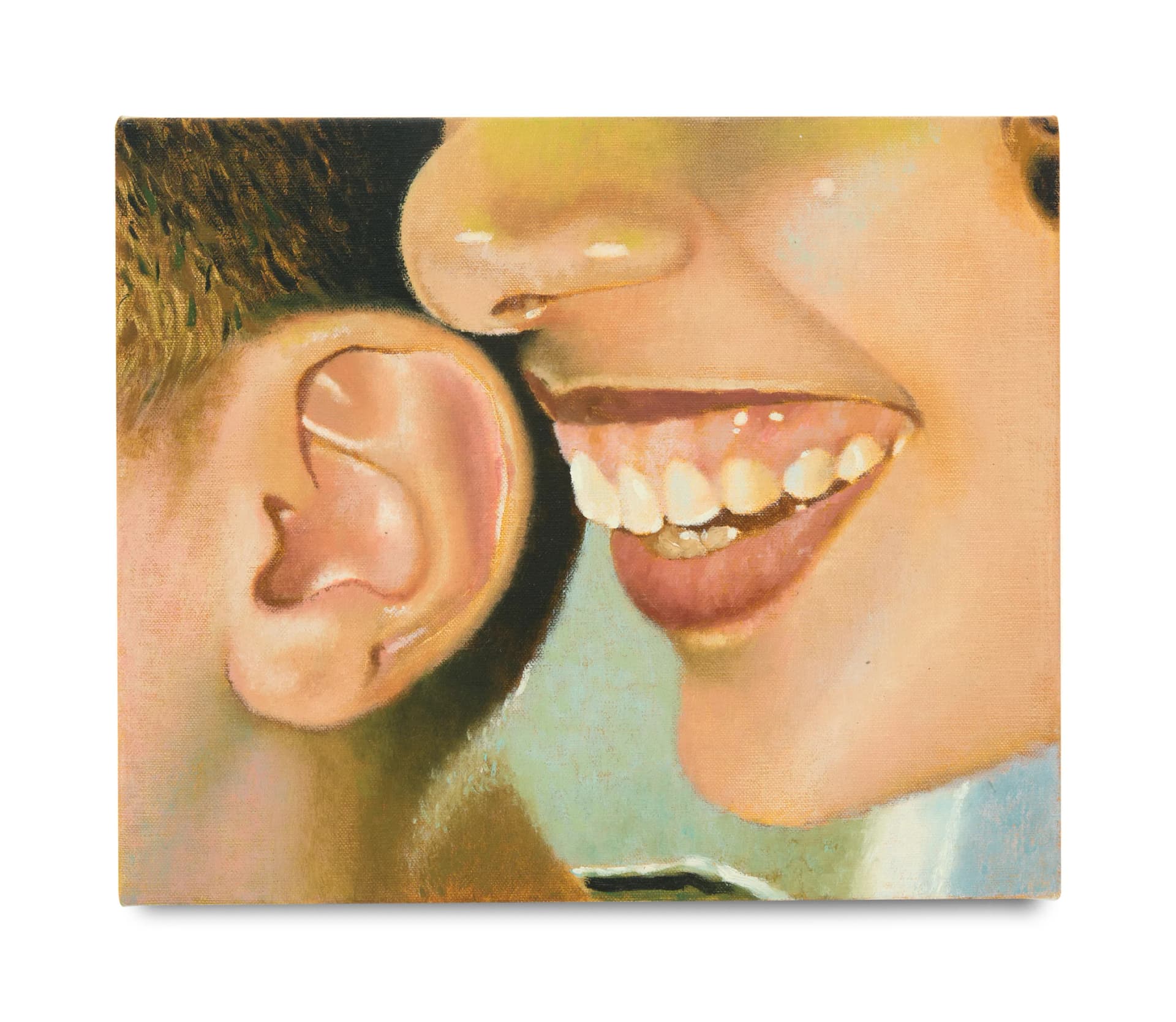 Oil on linen painting of a woman whispering in a mans ear