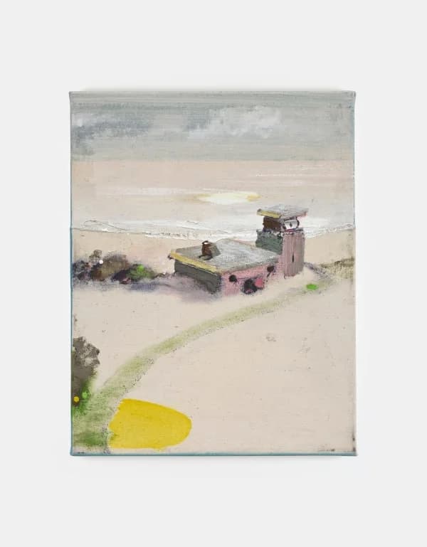 A painting by Merlin James of a building on a beach