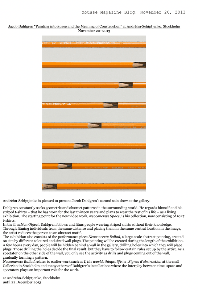 Mousse Magazine article about Jacob Dahlgren. Image on front shows a close up detail of an artwork by Dahlgren made out of pencils